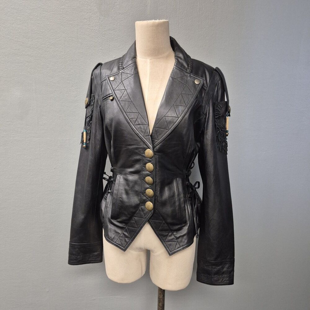Double D Ranch Black Leather Fringe Beaded Moto Western Jacket Size M